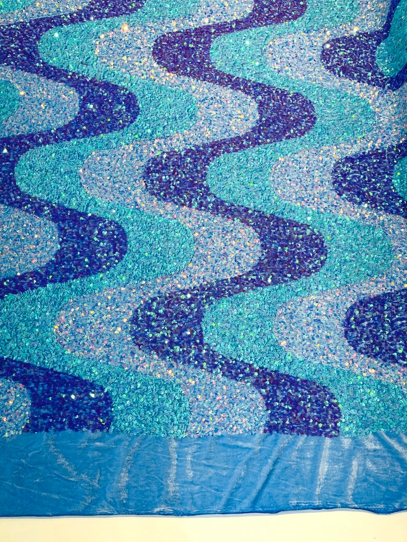 Aqua/Lavender/Clear Iridescent Sequin Wave Design stretch Velvet All Over Sequin.