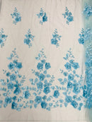 Orquidia 3d floral design embroider with pearls in a mesh lace fabric-prom-sold by the yard.