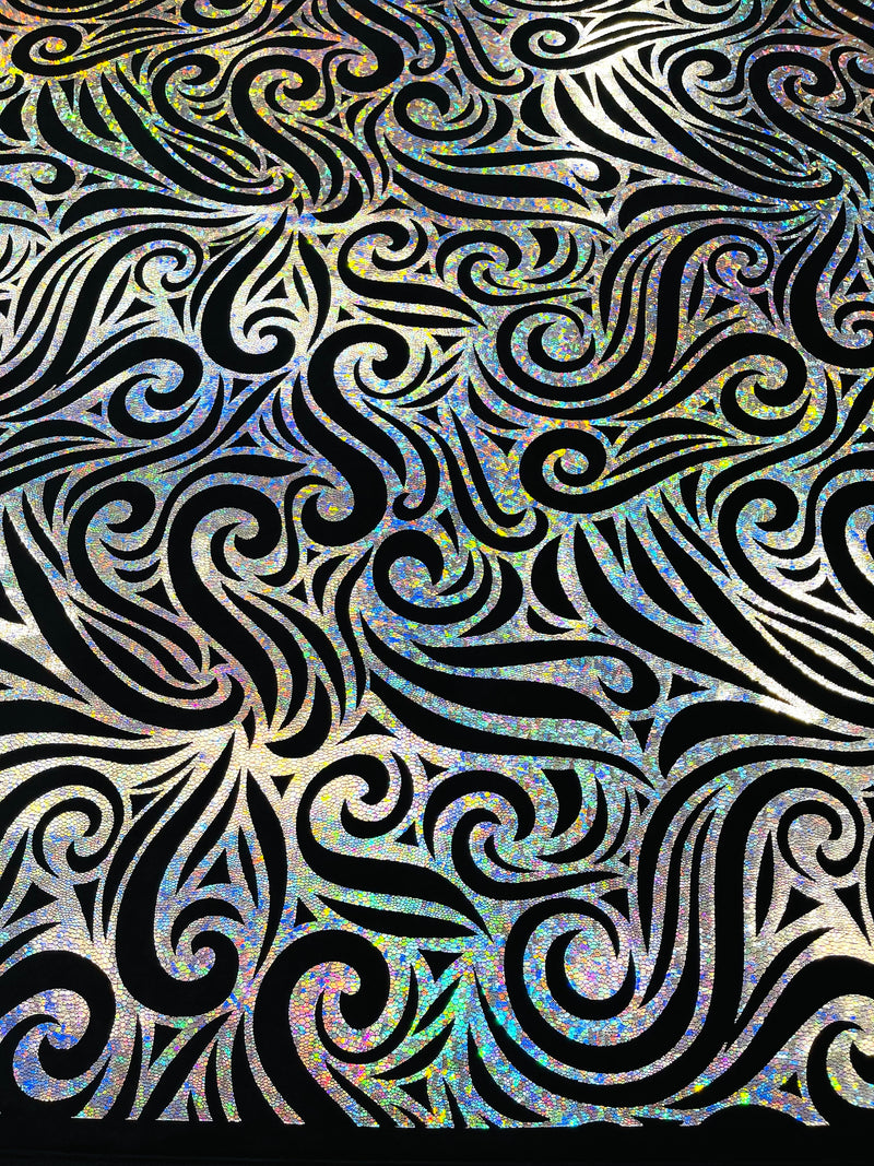 Holographic Foil Tribal Flame Design On A Stretch Velvet  Fabric. By The Yard