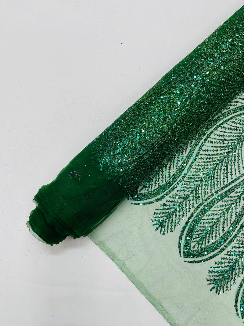 GLITTER FEATHER DAMASK DESIGN MESH LACE FABRIC (By The Yard)