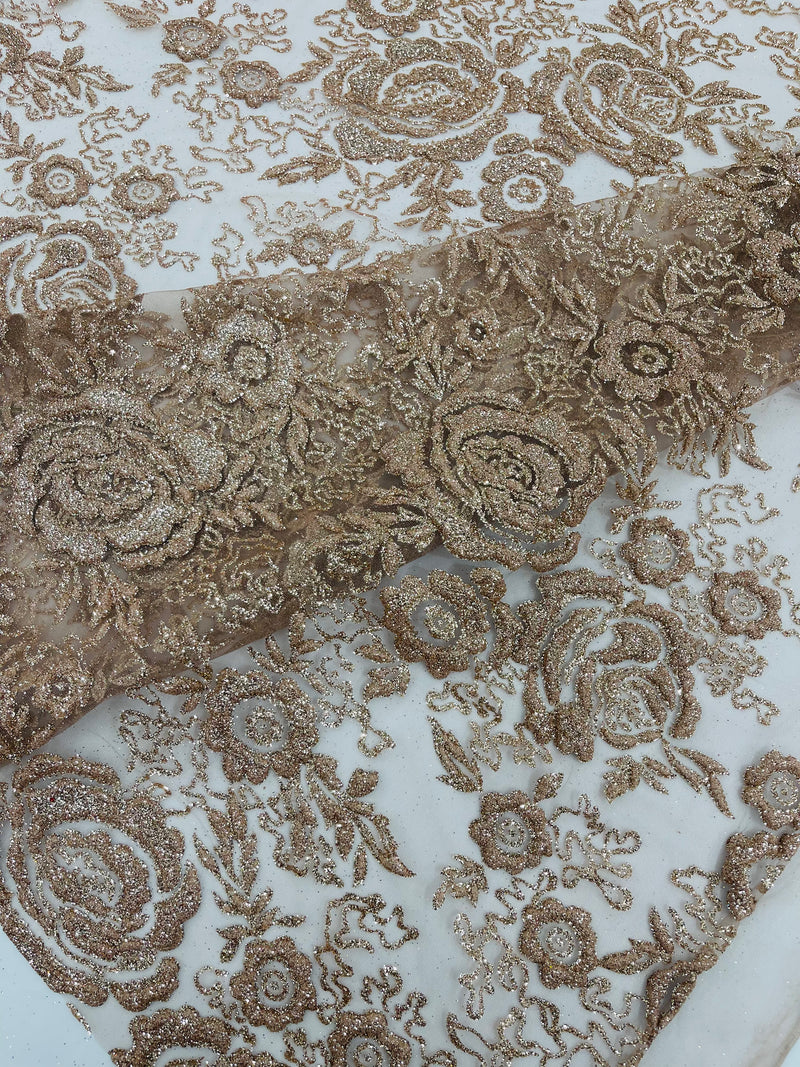 3D Full Roses Chunky Glitter Design On A Mesh Lace Fabric/Prom.
