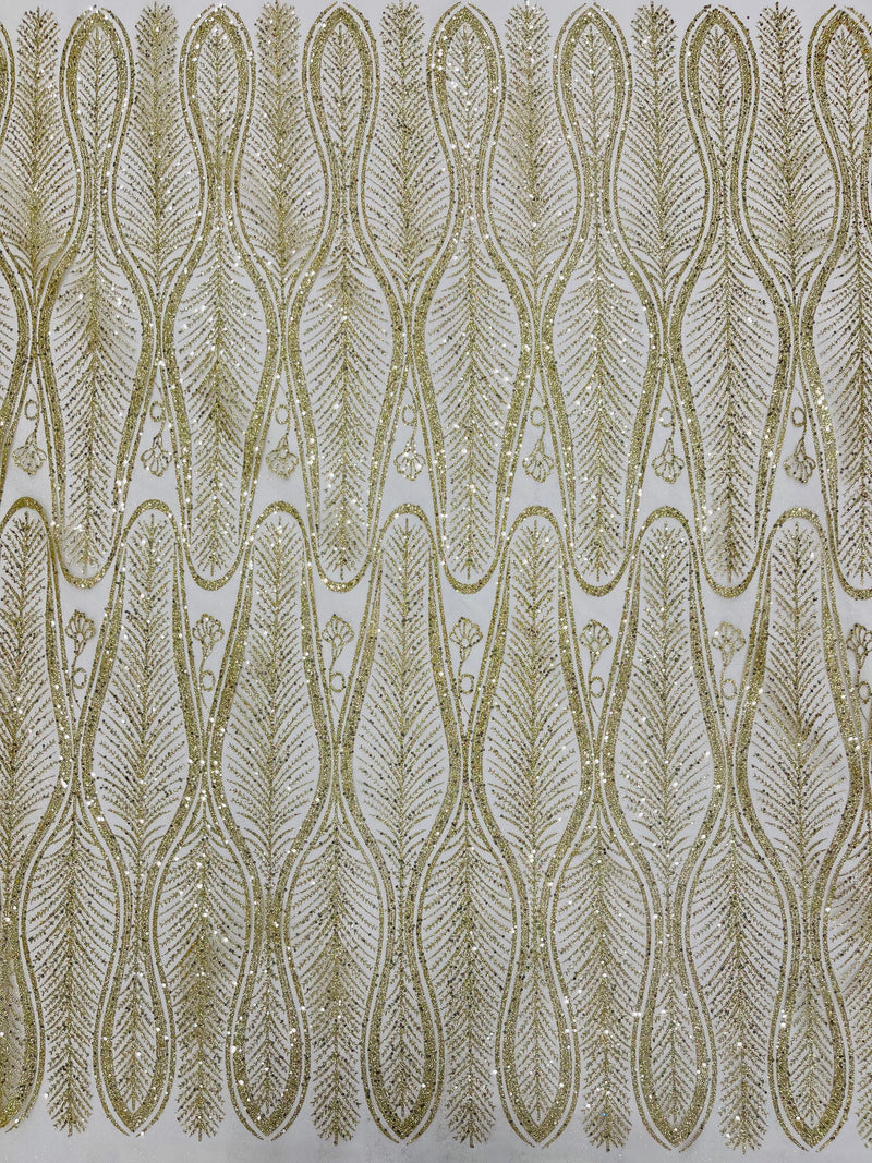 GLITTER FEATHER DAMASK DESIGN MESH LACE FABRIC (By The Yard)