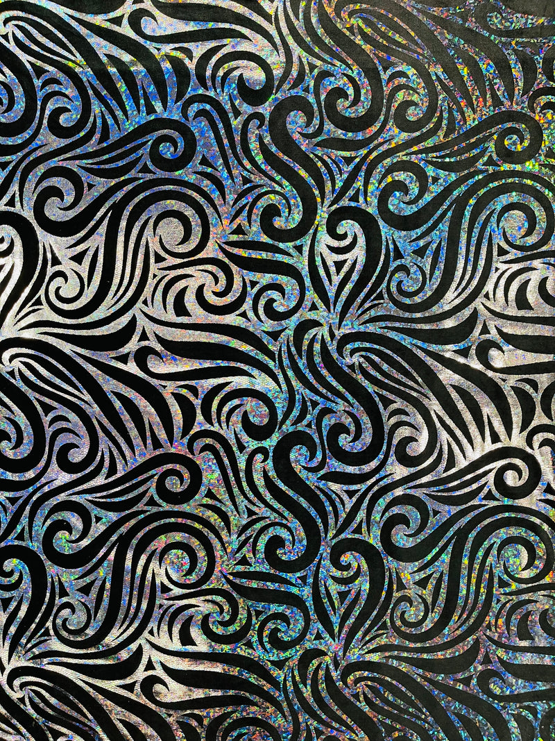 Holographic Foil Tribal Flame Design On A Stretch Velvet  Fabric. By The Yard