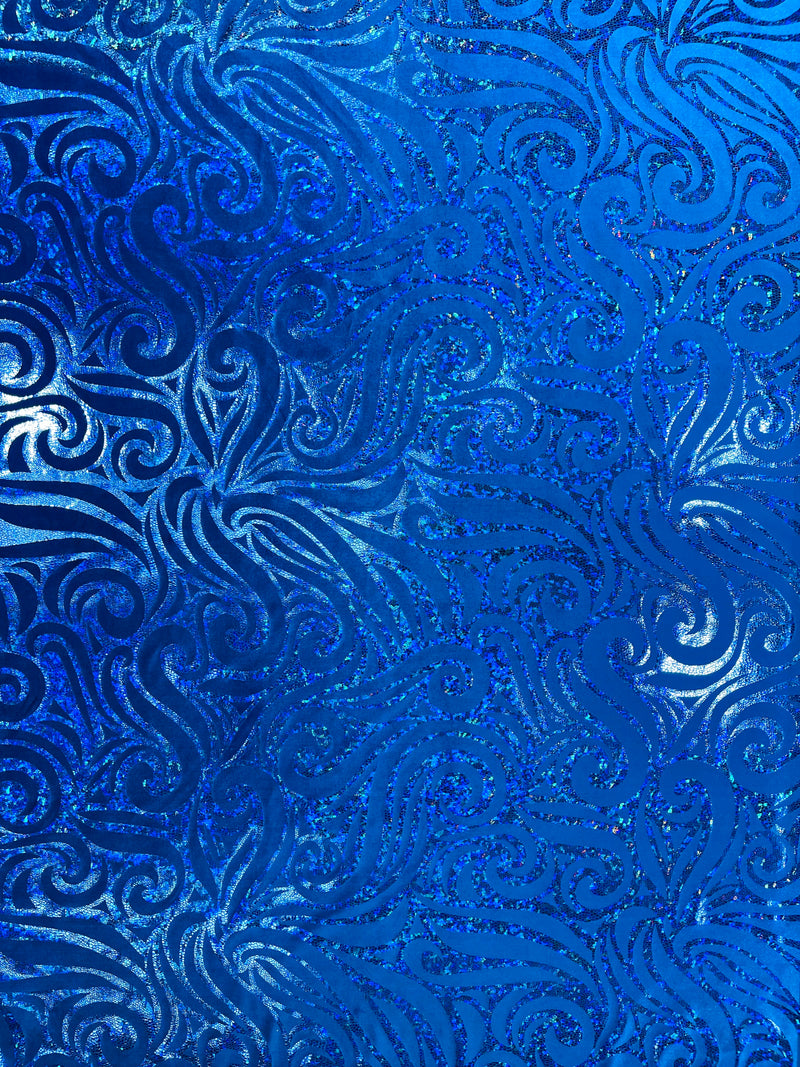 Holographic Foil Tribal Flame Design On A Stretch Velvet  Fabric. By The Yard