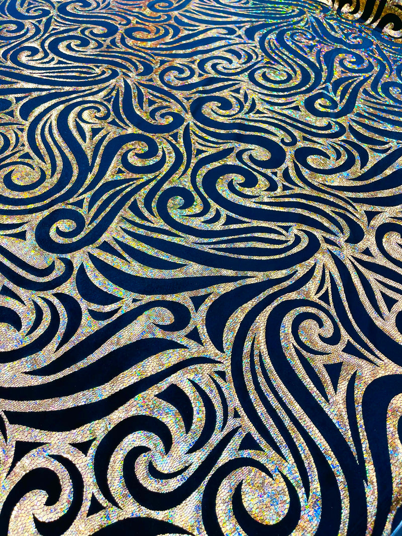 Holographic Foil Tribal Flame Design On A Stretch Velvet  Fabric. By The Yard