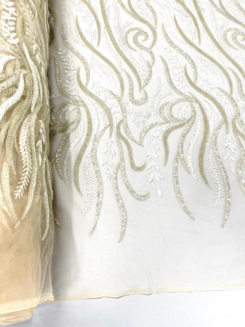 FEATHER BEADED LACE ON MESH FABRIC (By The Yard)