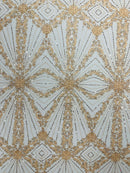 Luxury Bridal Fabric with Geometric Beading on a mesh, by The Yard.