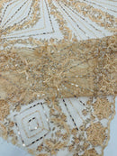 Luxury Bridal Fabric with Geometric Beading on a mesh, by The Yard.