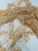 Luxury Bridal Fabric with Geometric Beading on a mesh, by The Yard.