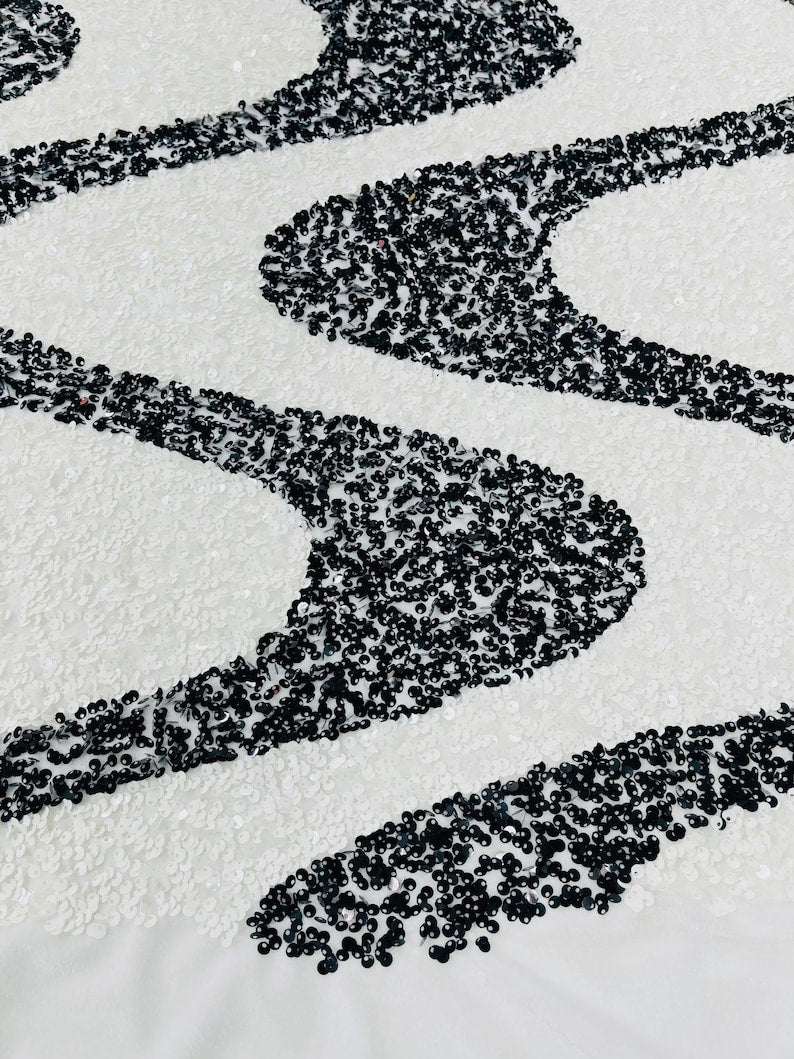 Black/White Sequin Wave Design stretch Velvet All Over Sequin.