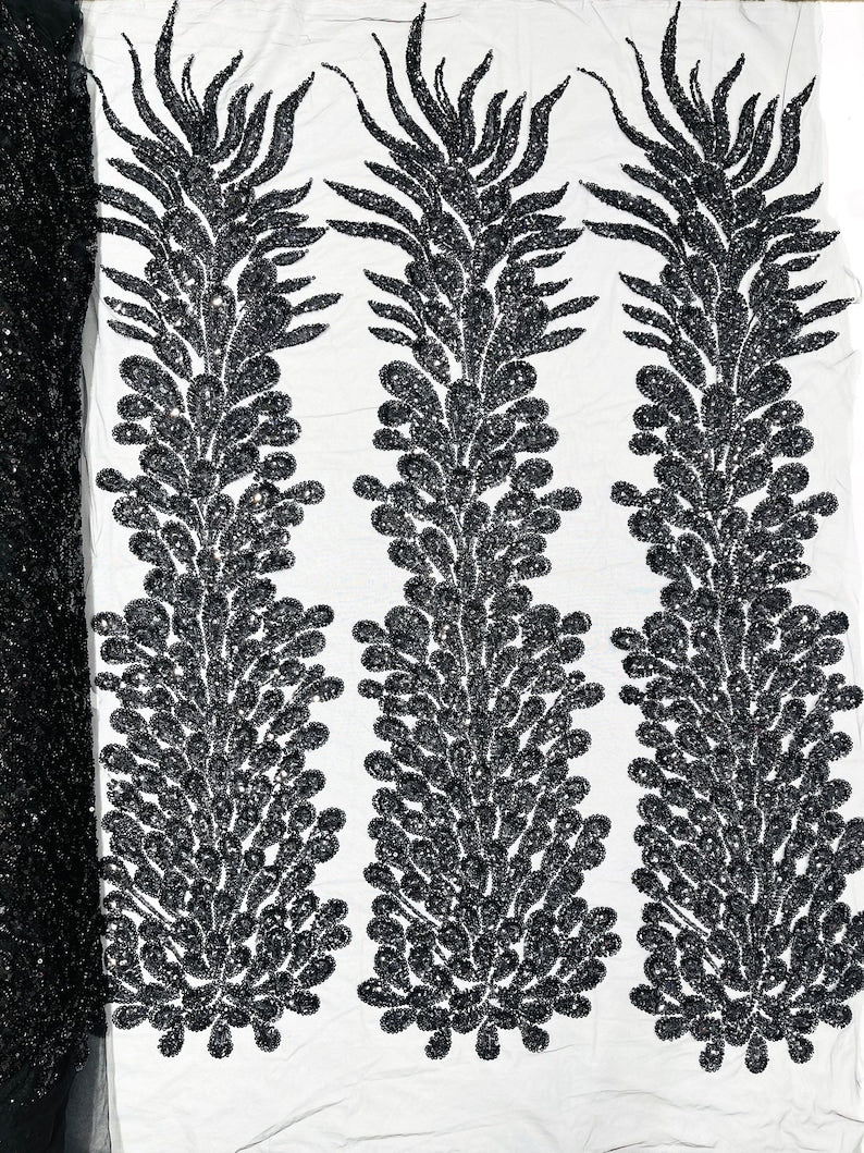 Black Vegas heavy beaded and sequins feather design embroidery on a mesh fabric-Sold by the 1 Feather Panel W-12Inc x L-48Inc.