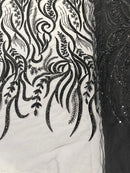 FEATHER BEADED LACE ON MESH FABRIC (By The Yard)