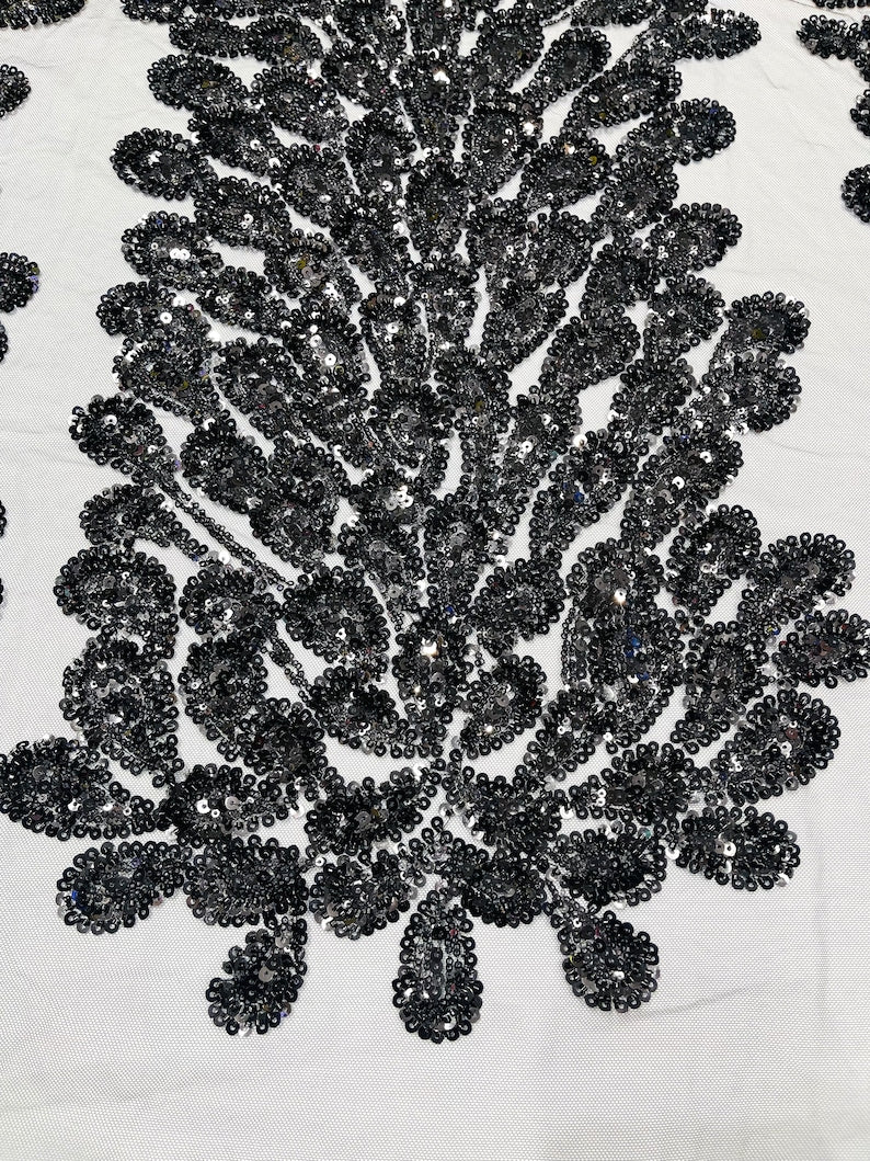 Black Vegas heavy beaded and sequins feather design embroidery on a mesh fabric-Sold by the 1 Feather Panel W-12Inc x L-48Inc.