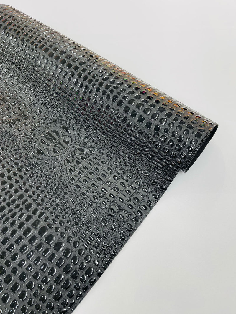 Black Glossy Two Tone Gator Fake Leather Upholstery, 3-D Crocodile Skin Texture Faux Leather PVC Vinyl/54" Wides