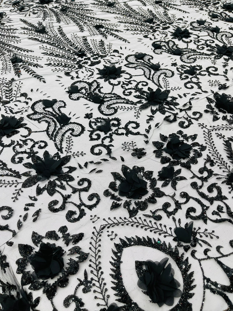 Floral 3D Palm Damask with Glitter in a Mesh Lace- Sold by the yard.