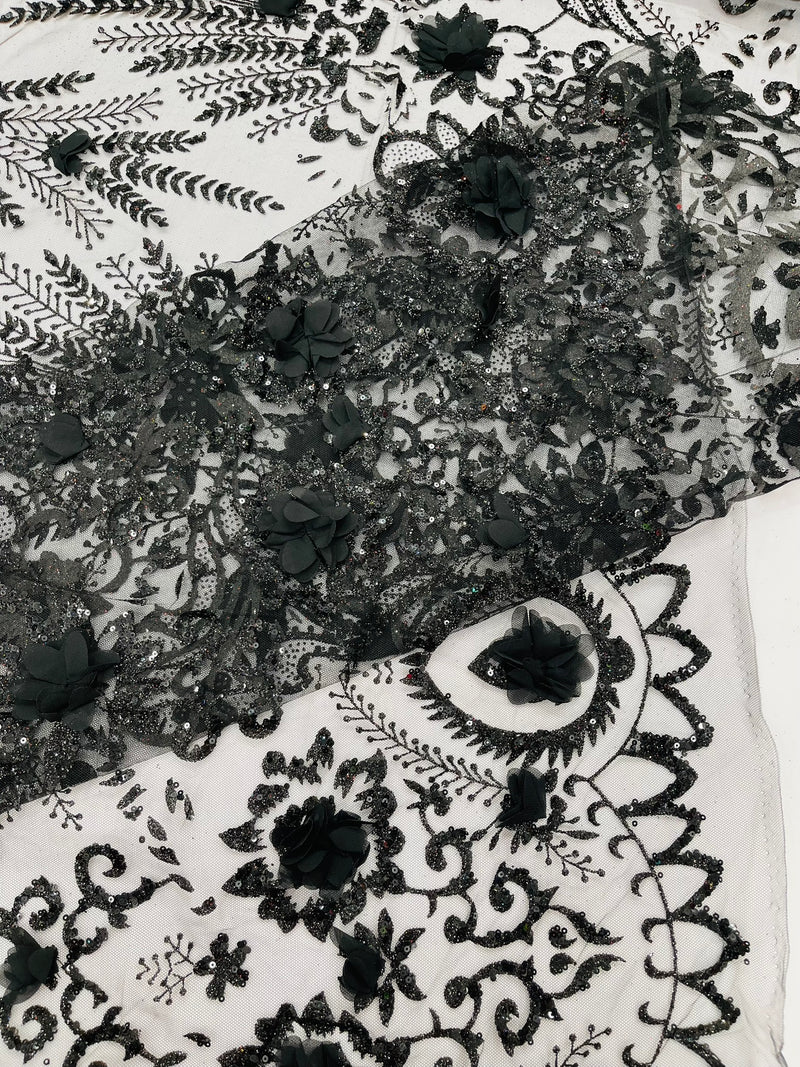 Floral 3D Palm Damask with Glitter in a Mesh Lace- Sold by the yard.