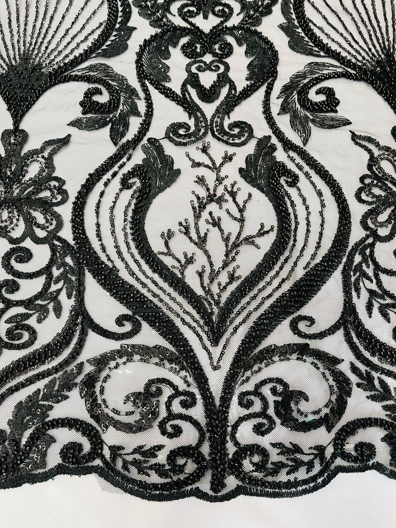 Black Floral damask embroider and heavy beaded on a mesh lace fabric/wedding/Costplay