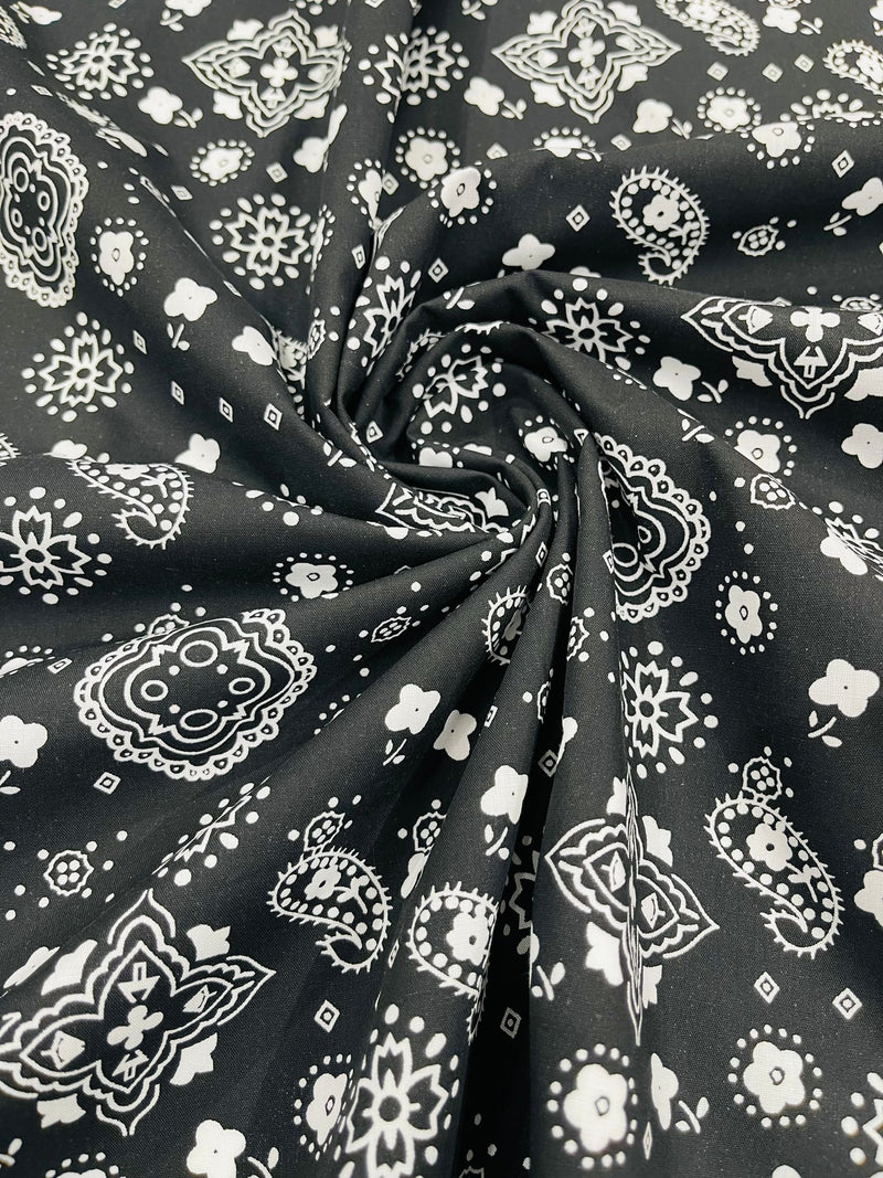 Black 58/59" Wide 65% Polyester 35 percent Cotton Bandanna Print Fabric, Good for Face Mask Covers, Clothing/costume/Quilting Fabric