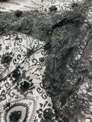Floral 3D Palm Damask with Glitter in a Mesh Lace- Sold by the yard.