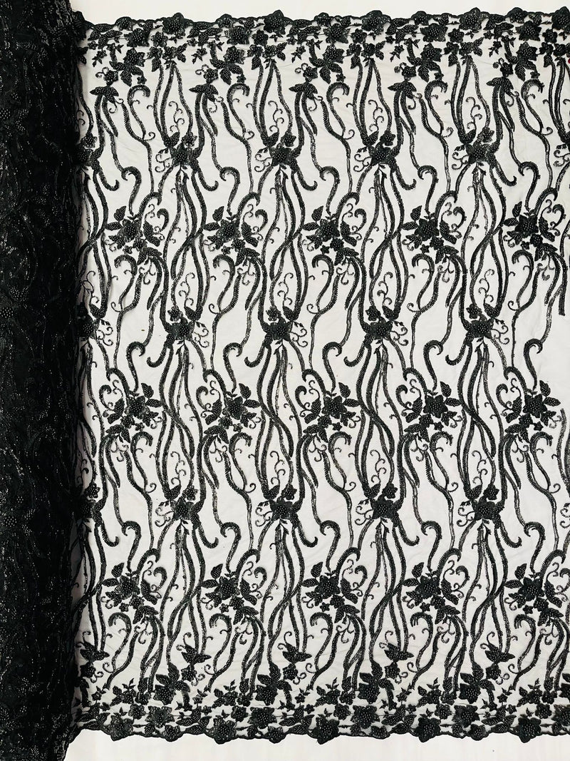 Black Vine Floral Beaded Lace/Sequin Embroider Lace Fabric - Sold By the Yard.