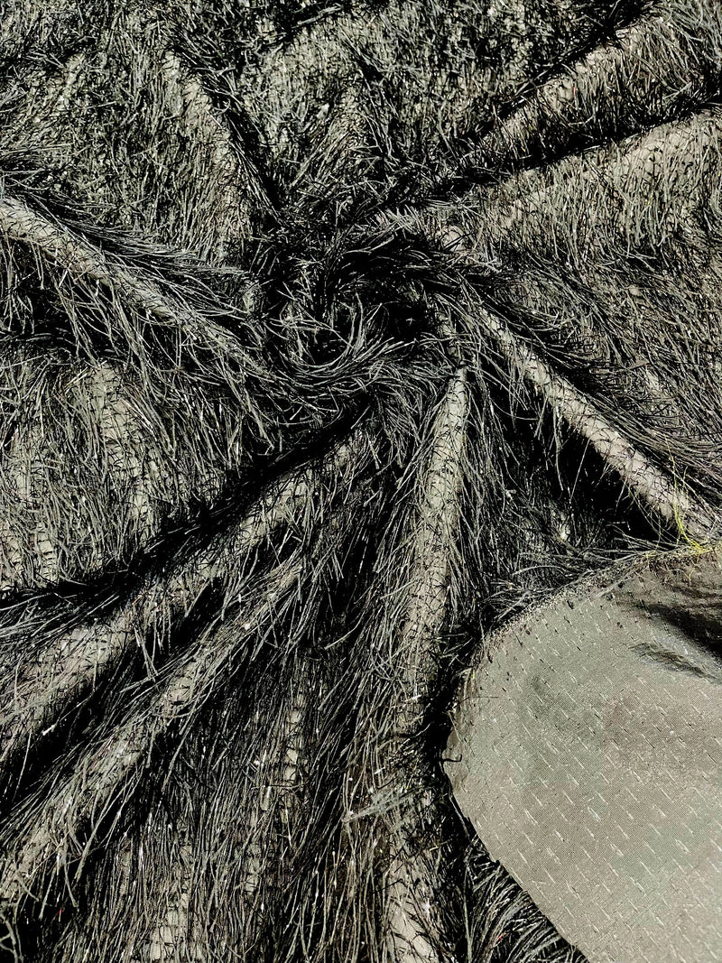 Black Shaggy Jacquard Faux Ostrich/Eye Lash Feathers Fringe With Metallic Thread By The Yard