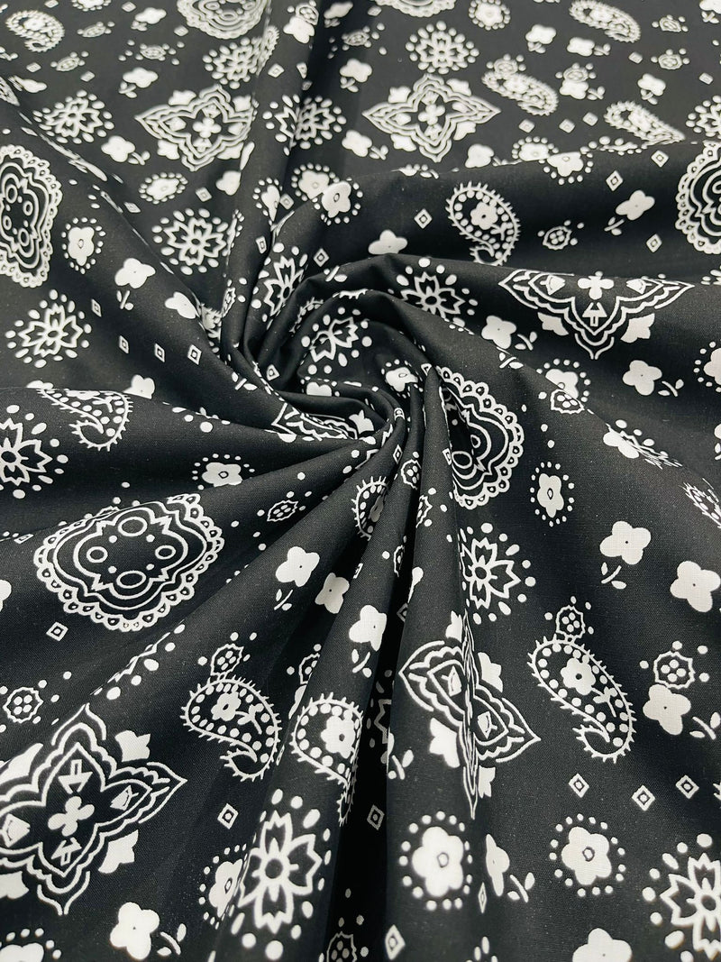 Black 58/59" Wide 65% Polyester 35 percent Cotton Bandanna Print Fabric, Good for Face Mask Covers, Clothing/costume/Quilting Fabric
