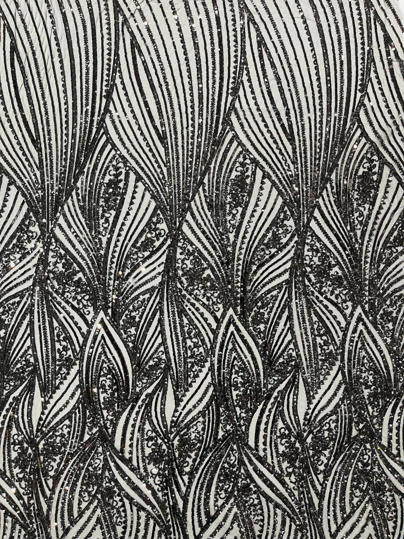 Geometric Feather wing shiny sequin design on a 4 way stretch mesh Fabric-old by the yard.