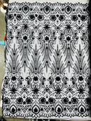 Floral 3D Palm Damask with Glitter in a Mesh Lace- Sold by the yard.