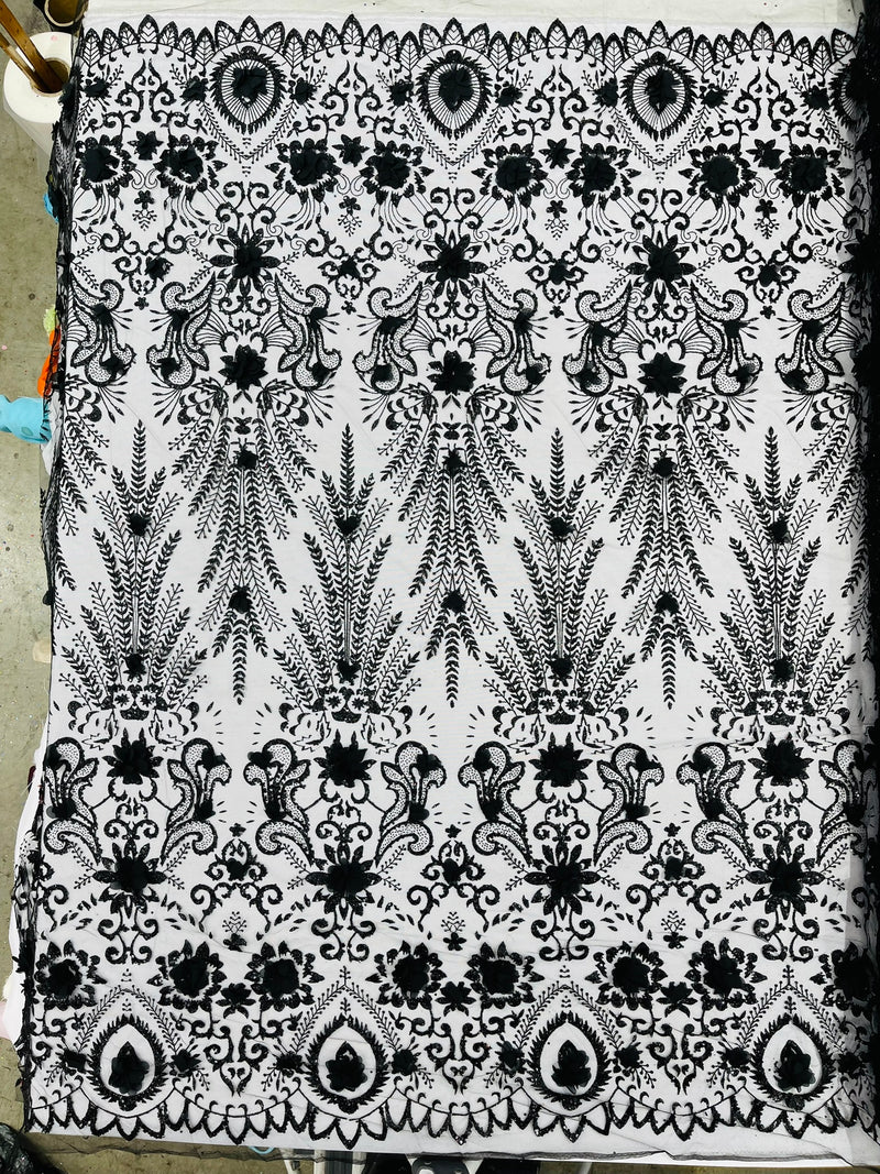 Floral 3D Palm Damask with Glitter in a Mesh Lace- Sold by the yard.