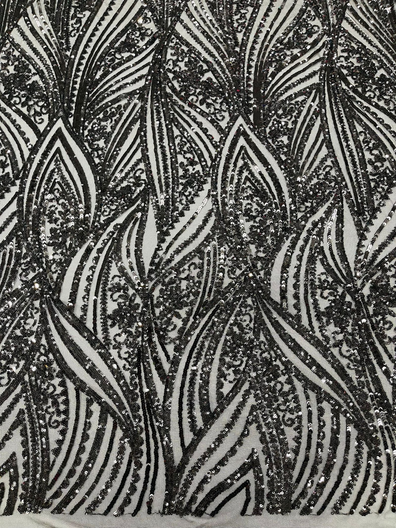 Geometric Feather wing shiny sequin design on a 4 way stretch mesh Fabric-old by the yard.