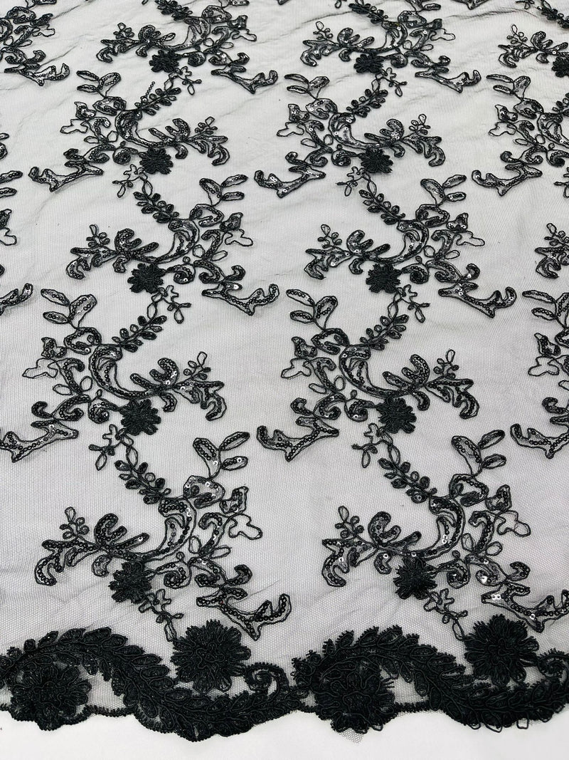 Black Flower lace corded and embroider with sequins on a mesh-Sold by the yard.