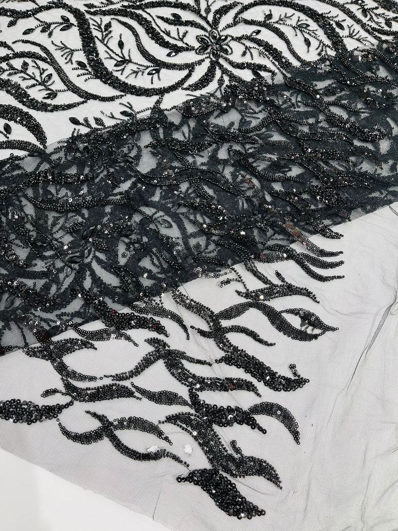 Black Vine Design Embroider And Heavy Beading/Sequins On A Mesh Lace Fabric/Wedding Lace/Costplay.