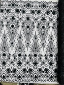 Floral 3D Palm Damask with Glitter in a Mesh Lace- Sold by the yard.