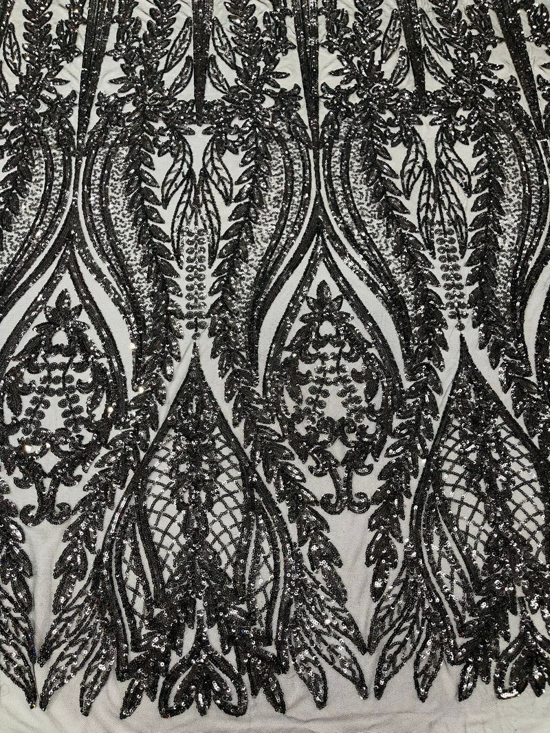 Damask design with sequins embroider on a 4 way stretch mesh fabric.