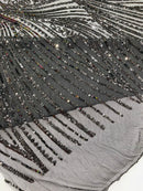Geometric Feather wing shiny sequin design on a 4 way stretch mesh Fabric-sold by the yard.