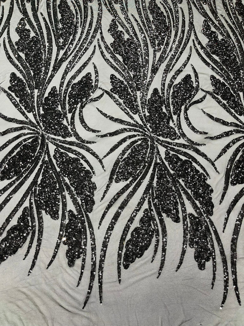 Feather damask shiny sequin design on a 4 way stretch mesh Fabric-sold by The yard.