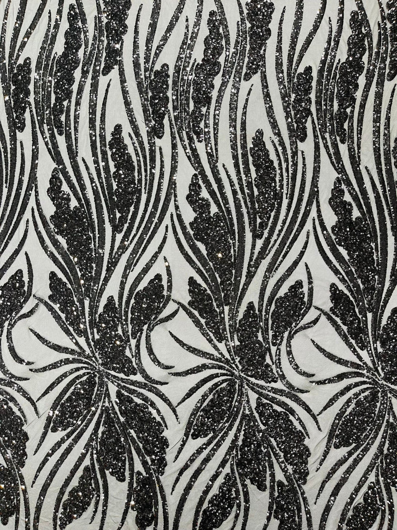 Feather damask shiny sequin design on a 4 way stretch mesh Fabric-sold by The yard.