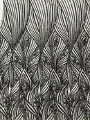 Geometric Feather wing shiny sequin design on a 4 way stretch mesh Fabric-sold by the yard.