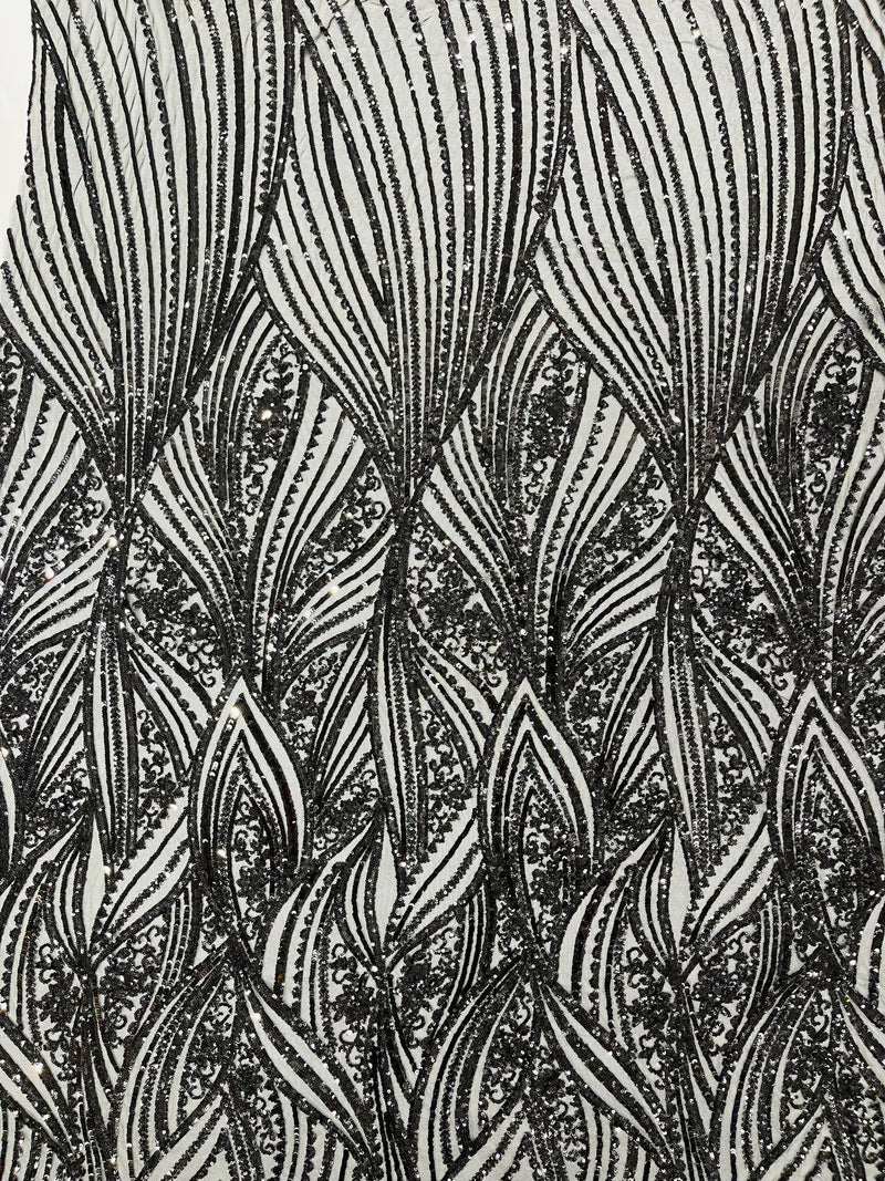 Geometric Feather wing shiny sequin design on a 4 way stretch mesh Fabric-old by the yard.