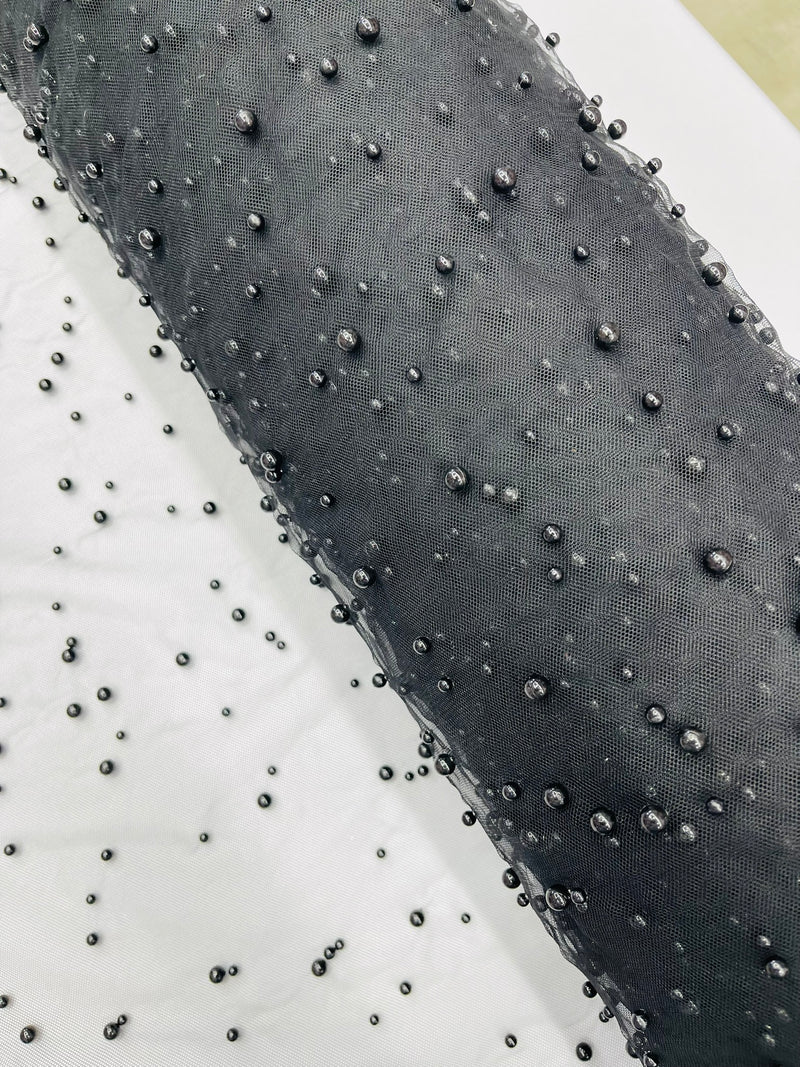 Heavy Scattered Pearls Studded Mesh, 2-Way Stretch, sold by the yard.