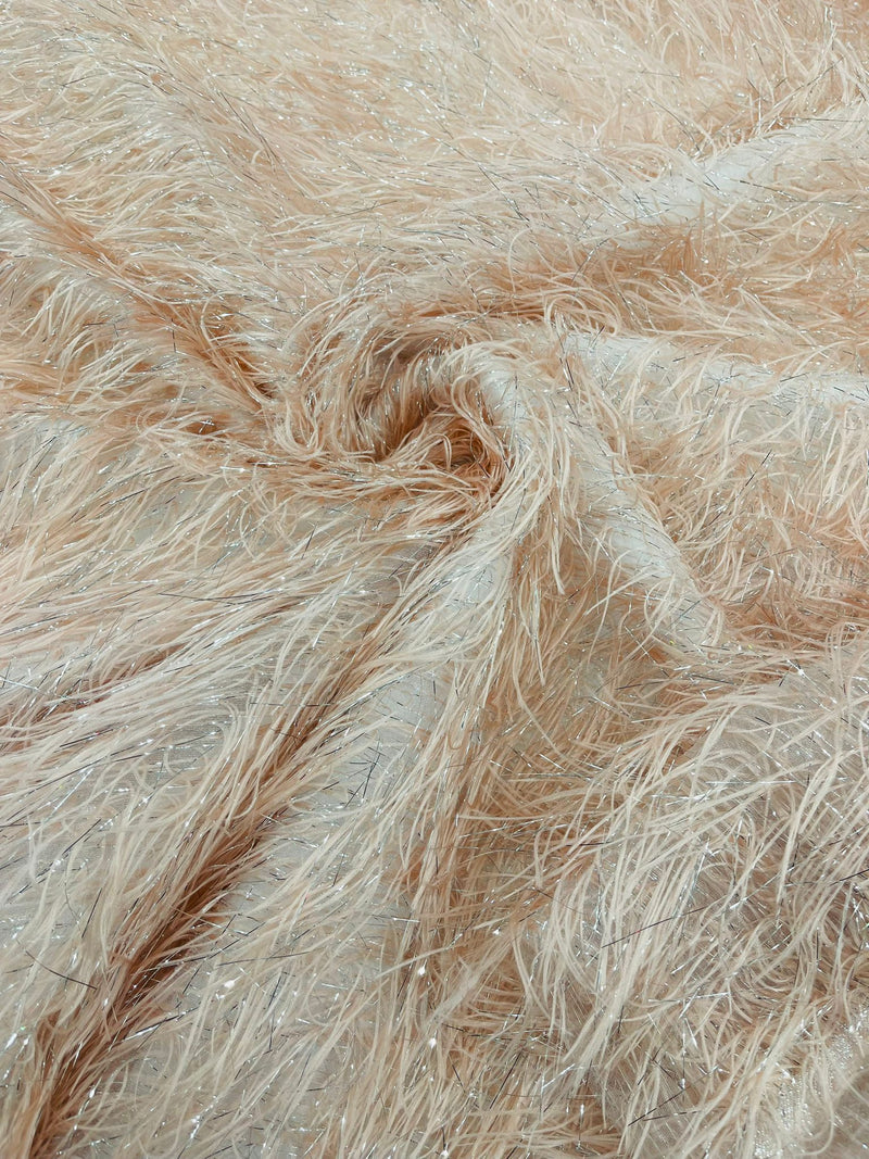 Blush/Silver Shaggy Jacquard Faux Ostrich/Eye Lash Feathers Fringe With Metallic Thread By The Yard