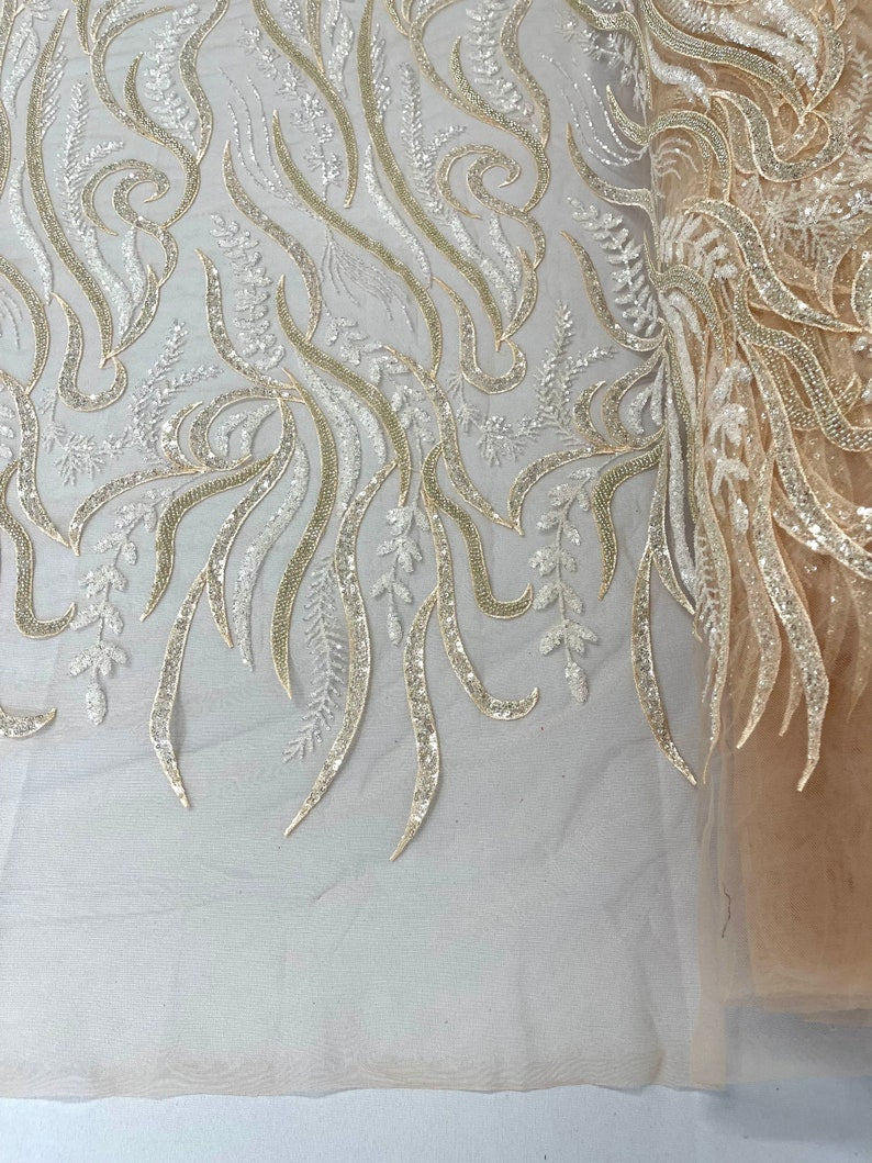 FEATHER BEADED LACE ON MESH FABRIC (By The Yard)