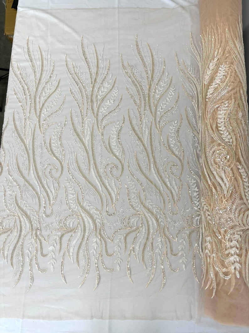 FEATHER BEADED LACE ON MESH FABRIC (By The Yard)