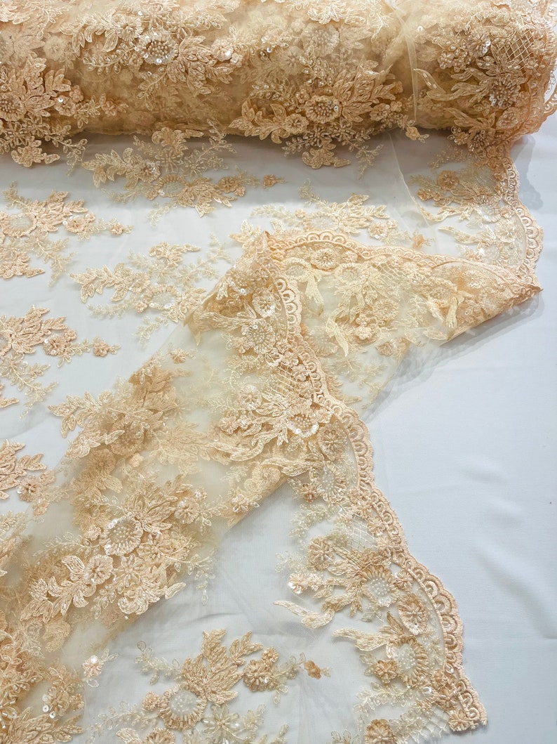 Blush Peach Gorgeous French design embroider and beaded on a mesh lace. Wedding/Bridal/Prom/Nightgown fabric