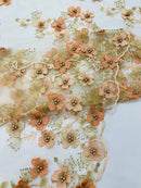 Multi Color 3D Floral Design Embroider with Pearls in a Mesh Lace Fabric -Sold by the yard.