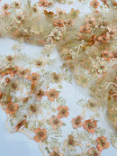 Multi Color 3D Floral Design Embroider with Pearls in a Mesh Lace Fabric -Sold by the yard.