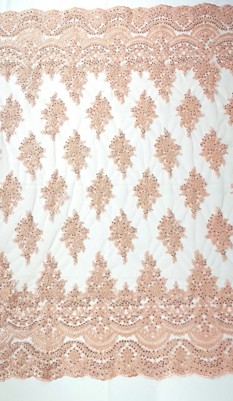 Blush Pink Erin Diamond Beaded Metallic Floral Embroider On a Mesh Lace Fabric-Sold By The Yard