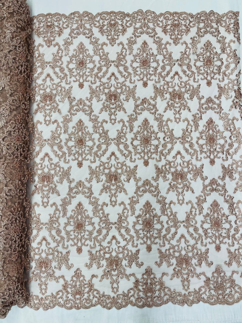 Blush Pink Damask embroider with sequins and heavy beaded on a mesh lace fabric-sold by the yard