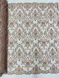 Damask embroider with sequins and heavy beaded on a mesh lace fabric-sold by the yard