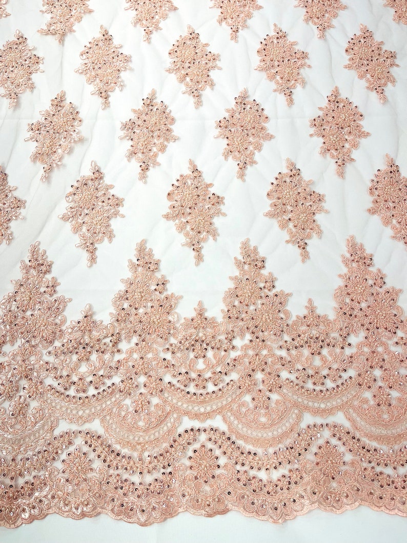 Blush Pink Erin Diamond Beaded Metallic Floral Embroider On a Mesh Lace Fabric-Sold By The Yard
